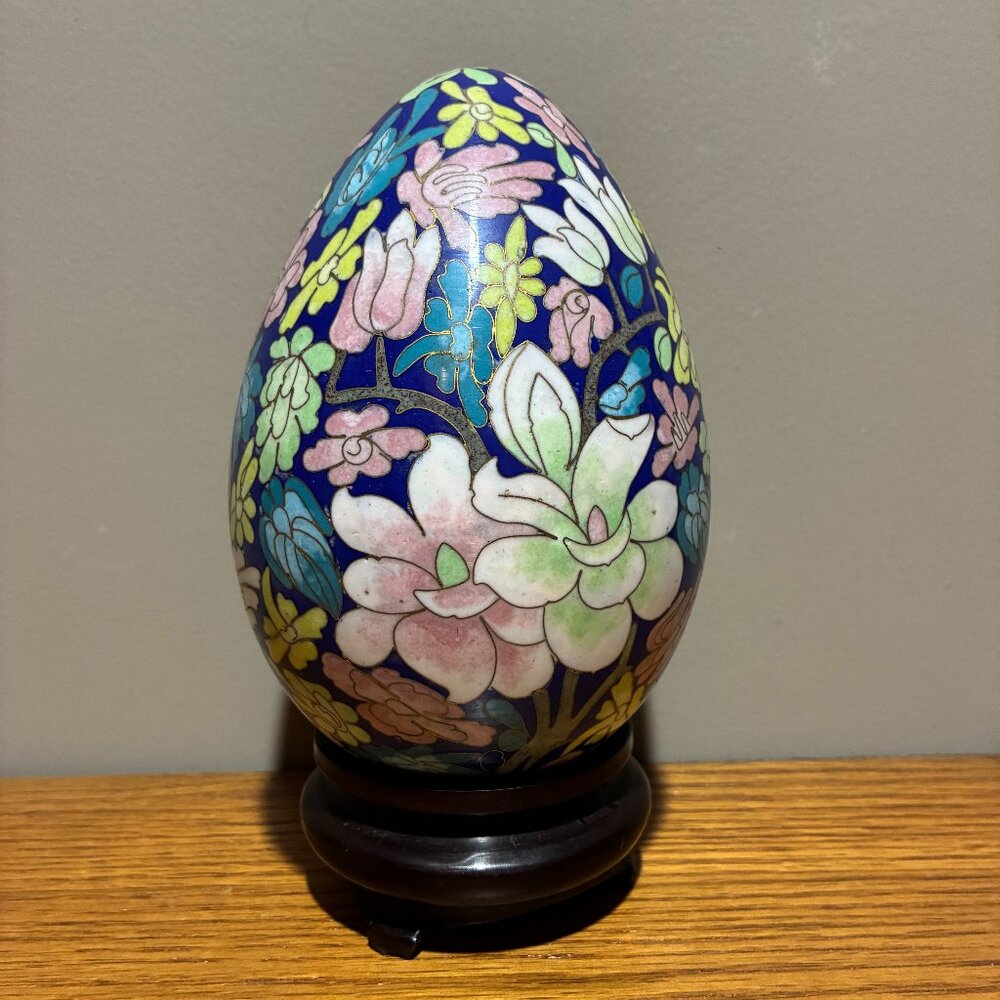 Chinese Cloisonne Egg and Wood Base - 6" Tall